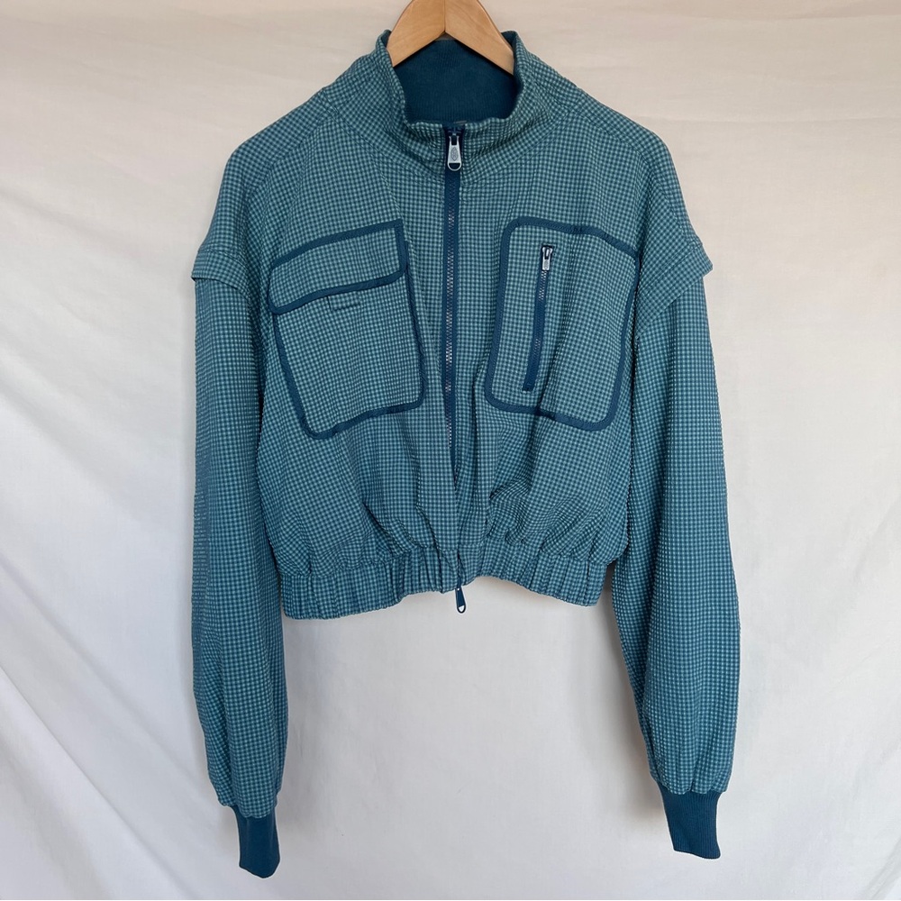 FP Movement Forty Love Jacket in blue searsucker gingham